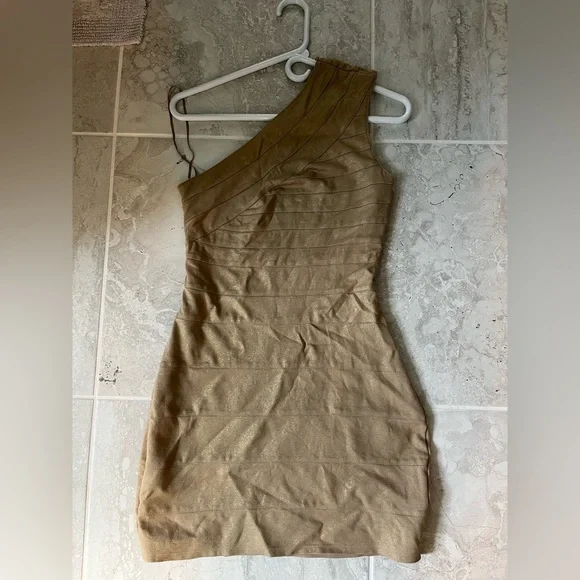 Express brand, one shoulder dress, gold and shimmery, size S.